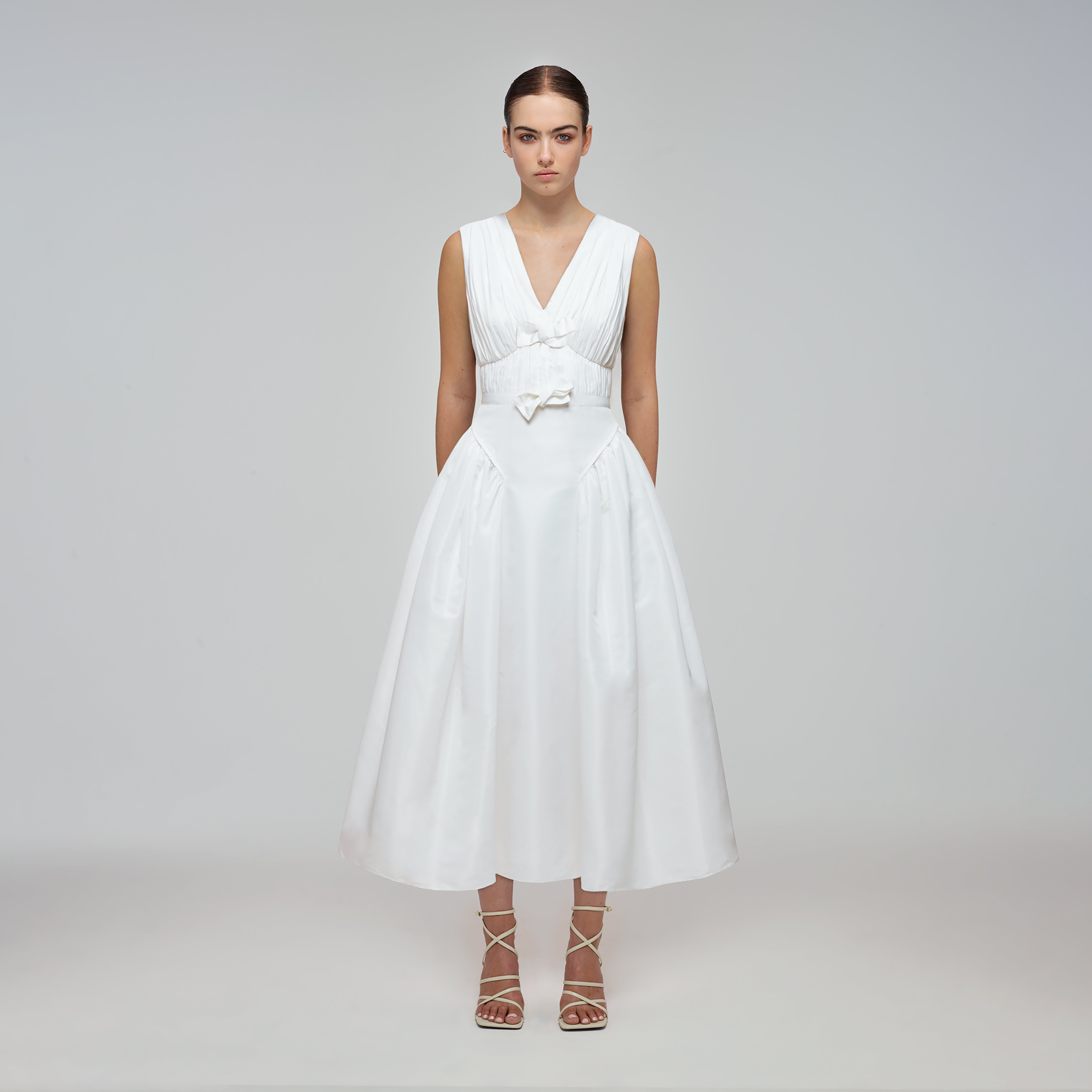 White Bow Detail Midi Dress | self-portrait